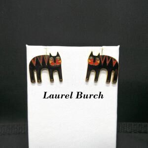Vintage Laurel Burch Black Cat Post Earrings, Black Red Enamel, Gold Plated